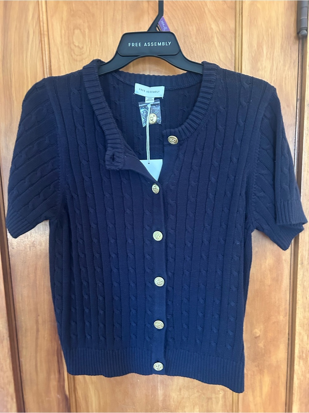 Free Assembly Navy Short-Sleeve Cable-Knit Cardigan with Gold Buttons